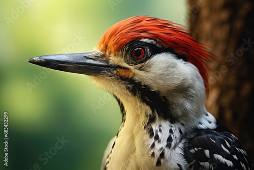 A close-up photograph of a bird with a vibrant red head.  © Ева Поликарпова