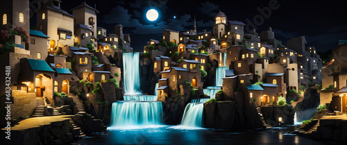Waterfall whimsical cities at night