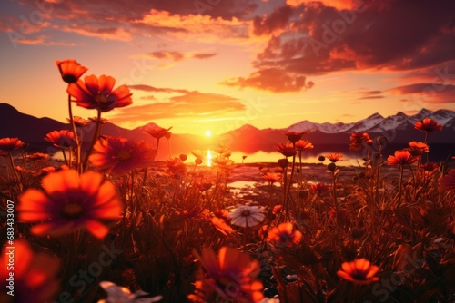A beautiful sunset over a field of colorful flowers. Perfect for nature lovers or as a background for inspirational quotes