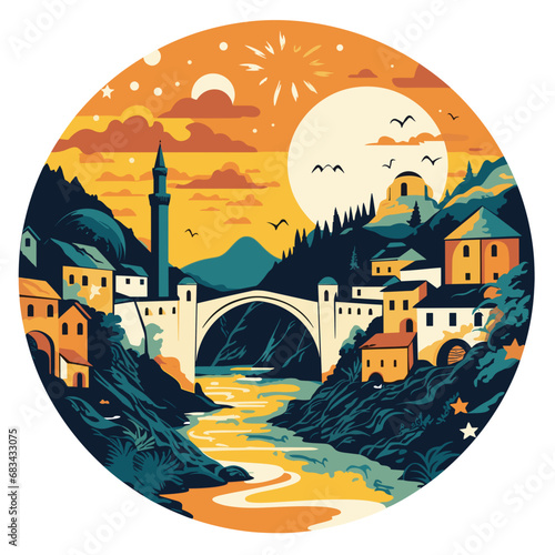 copy space, simple vector illustration, famous bridge in Mostar in the Federation of Bosnia and Herzegovina. View on Stari Most, the old bridge on the Neretva river in the city centre. Famous touristi