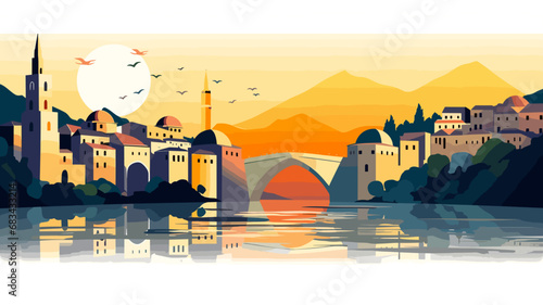 copy space, simple vector illustration, famous bridge in Mostar in the Federation of Bosnia and Herzegovina. View on Stari Most, the old bridge on the Neretva river in the city centre. Famous touristi photo