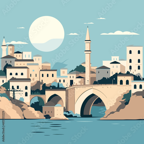 copy space, simple vector illustration, famous bridge in Mostar in the Federation of Bosnia and Herzegovina. View on Stari Most, the old bridge on the Neretva river in the city centre. Famous touristi