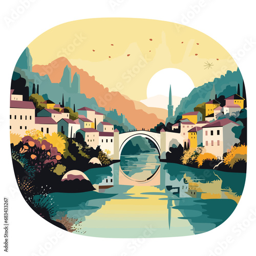 copy space, simple vector illustration, famous bridge in Mostar in the Federation of Bosnia and Herzegovina. View on Stari Most, the old bridge on the Neretva river in the city centre. Famous touristi