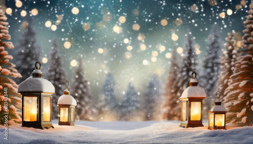 Christmas background with lanterns in snow and glowing lights