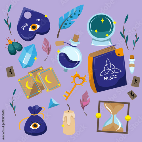 magical paraphernalia for divination and conducting spiritistic séances and magic tricks as well as for brewing potions. 