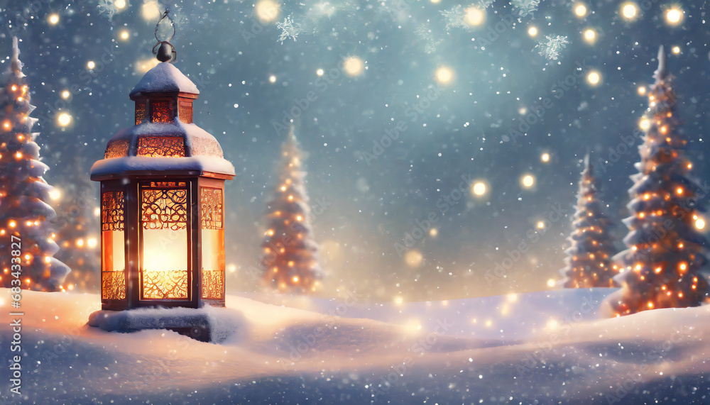 Christmas background with lanterns in snow and glowing lights Christmas background with lanterns in snow and glowing lights
