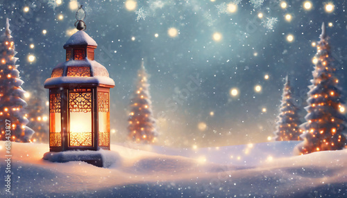 Christmas background with lanterns in snow and glowing lights
