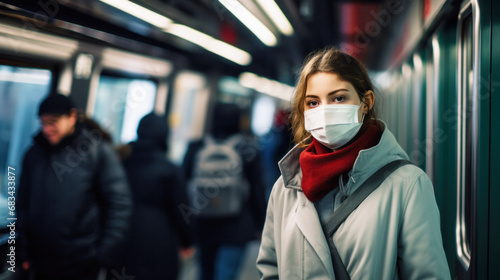 Woman wearing face mask on public train with crowded people, corona virus outbreak prevention, Health care, COVID-19, Influenza COVID-23 pandemic outbreak city lifestyle problem rush hour commuting