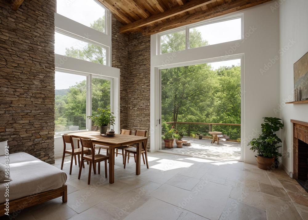 Naklejka premium A cozy indoor den, filled with natural daylighting from the large window, featuring a sleek hardwood loveseat and armrest, nestled in the corner of the room. 