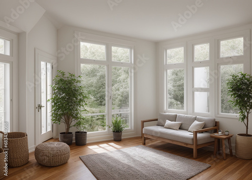 A cozy indoor den  filled with natural daylighting from the large window  featuring a sleek hardwood loveseat and armrest  nestled in the corner of the room. 