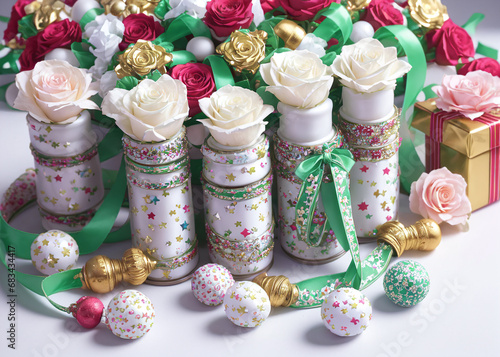 Sparkling bead necklaces, intricate jewellery boxes, and delicate ribbon bows adorn the perfectly wrapped presents, evoking a sense of festive magic and handmade charm. 