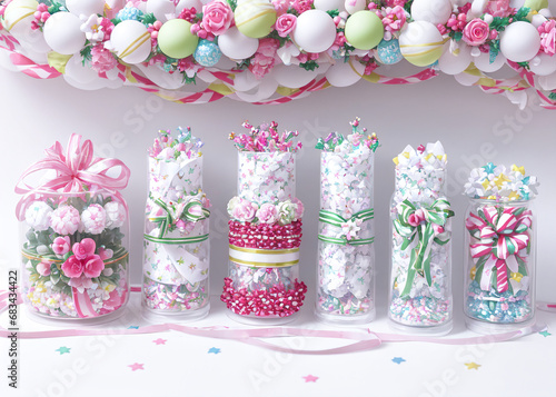 Sparkling bead necklaces, intricate jewellery boxes, and delicate ribbon bows adorn the perfectly wrapped presents, evoking a sense of festive magic and handmade charm. 