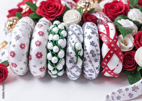 Sparkling bead necklaces, intricate jewellery boxes, and delicate ribbon bows adorn the perfectly wrapped presents, evoking a sense of festive magic and handmade charm. 