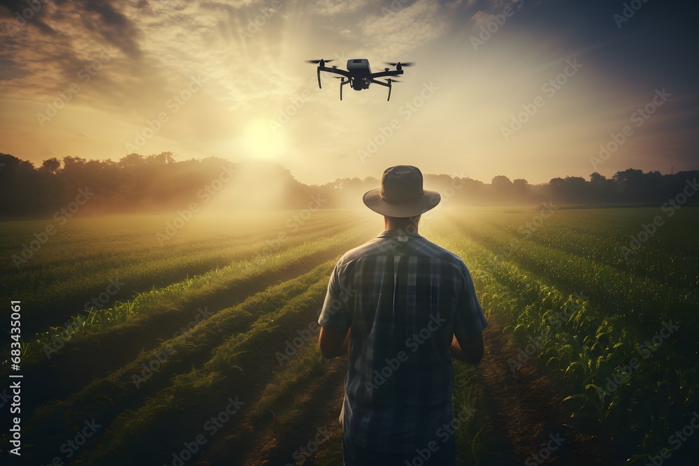 a man in the green farm fields flying a modern tech drone monitoring agriculture, innovative concept