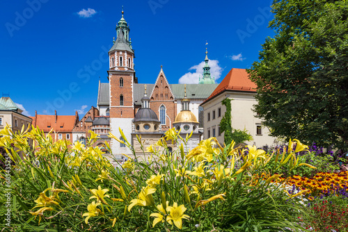 Yellow lily flowers in fornt of Royal Wawel castle in Krakow Malopolska region in Poland