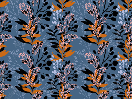 Creative seamless pattern with artistic, modern, colorful branches with leaves. Vector hand drawn sketch leaves on a turquoise background. Template for design