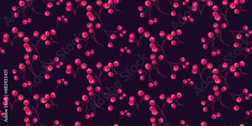 Seamless pattern with branches red berries on a dark background. Juniper, boxwood, viburnum, barberry. Botanical illustration. Vector hand drawn sketch. Template for textile, fashion, print.