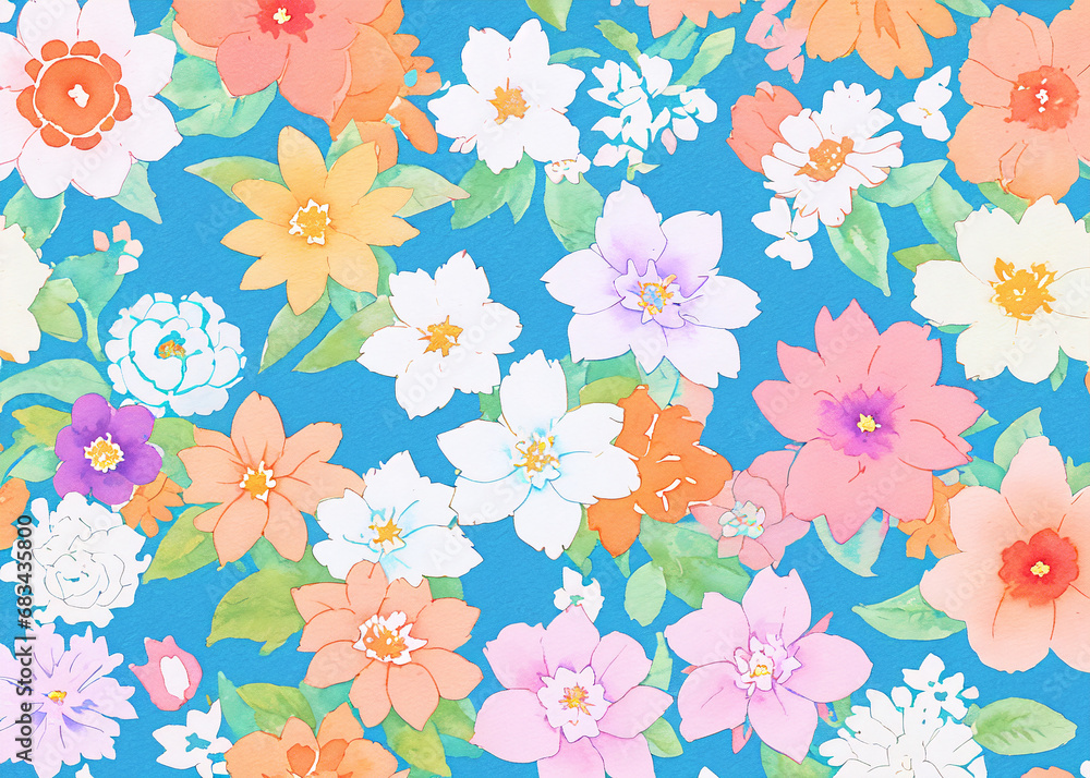 Obraz premium A vibrant tapestry of blooming petals, painted in watercolor, intertwined in a whimsical pattern on soft fabric, evoking a sense of lively beauty and free-spiritedness. 