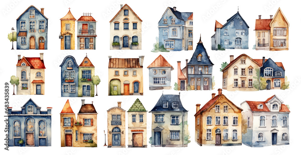 Watercolor old house ornament set. Hand drawn isolated on transparent background.