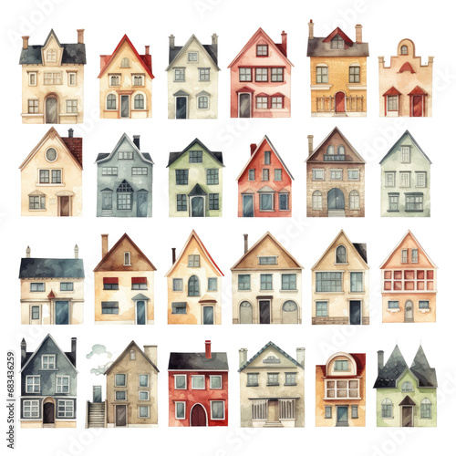 Watercolor old town square ornament set. Hand drawn isolated on transparent background.