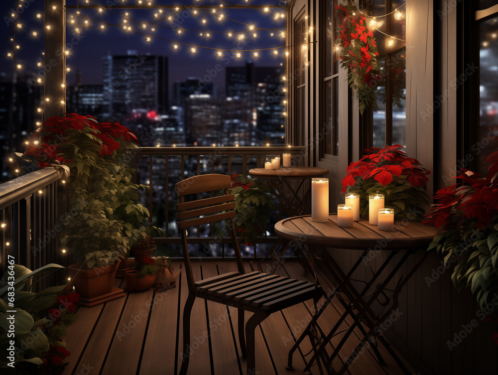 Obraz premium A Photo of A Christmas Themed Balcony With String Lights Poinsettias and A Small Decorated Tree