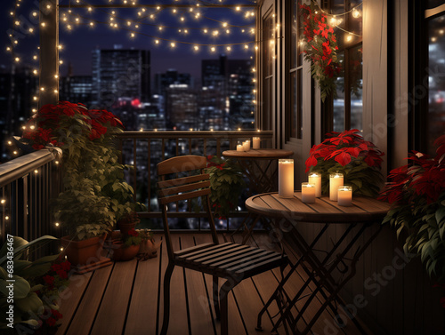 A Photo of A Christmas Themed Balcony With String Lights Poinsettias and A Small Decorated Tree