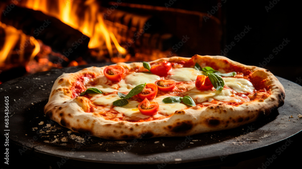 appetizing and tasty typical Italian pizza with mozzarella, cherry tomatoes and basil cooked in a wood oven in the background.