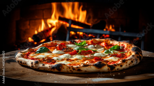 appetizing and tasty typical Italian pizza with mozzarella, cherry tomatoes and basil cooked in a wood oven in the background.