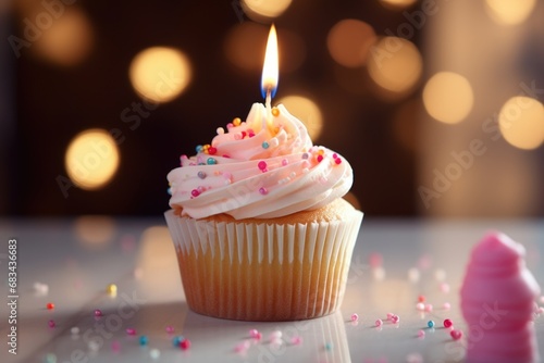A delicious cupcake with a lit candle on top. Perfect for celebrating birthdays and special occasions.