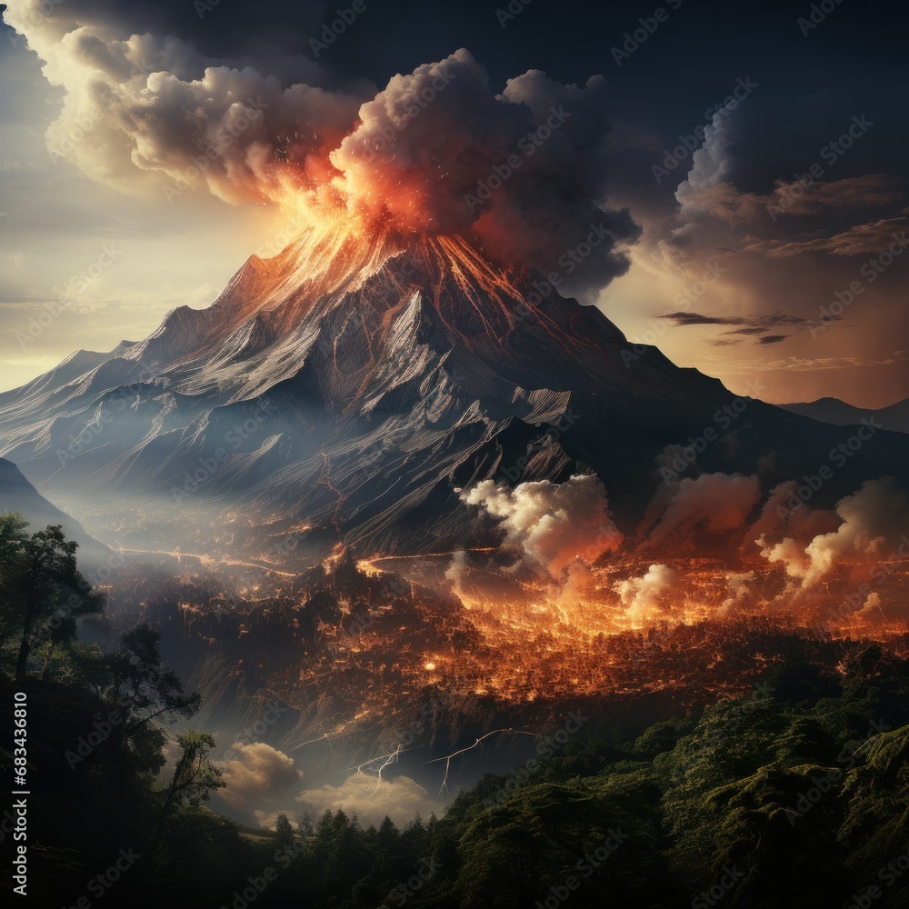 An active volcano erupts and emits hot clouds down to the slopes of the mountain, causing changes in the color of the clouds, good for wallapper, blogs, websites, etc. Ai generative image