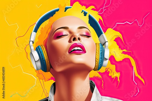 Сheerful energy stylish young woman in massive headphones listen music on bright background with lightning. Girl listening podcast, playlist, modern track. 80s 90s club party concept with copy space photo