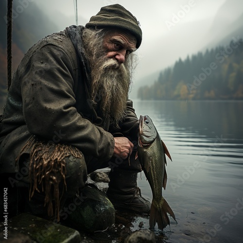 Older fisherman catching fish in the river