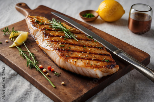 Delicious grilled fish steak on a wooden plate