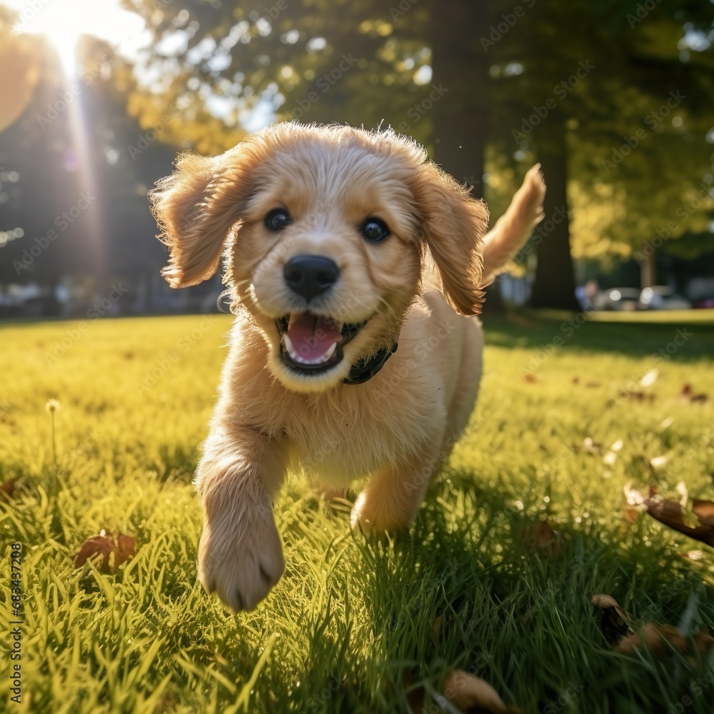 Puppy playing happily on the lawn