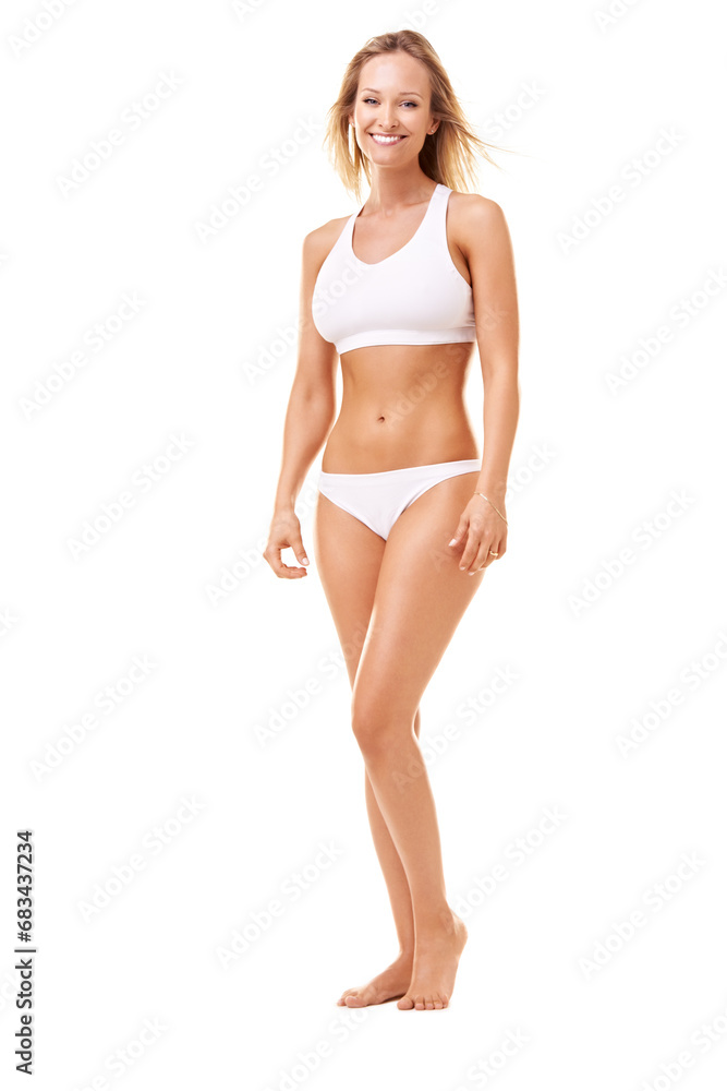 Confident, woman and portrait with body in underwear, sportsbra and lady in white background of studio. Healthy, model and person with pride in lingerie with wellness, beauty or mock up space Confident, woman and portrait with body in underwear, sportsbra and lady in white background of studio. Healthy, model and person with pride in lingerie with wellness, beauty or mock up space