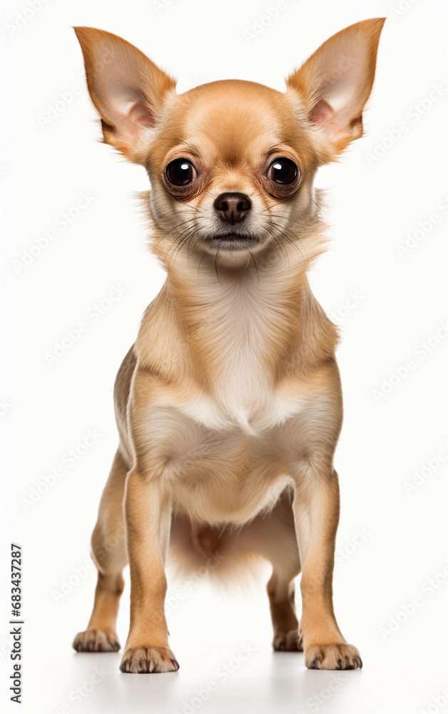 Chihuahua dog standing at the camera in front isolated of white background
