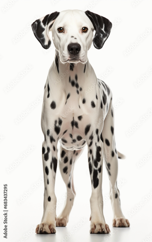 Dalmatian dog standing at the camera in front isolated of white background