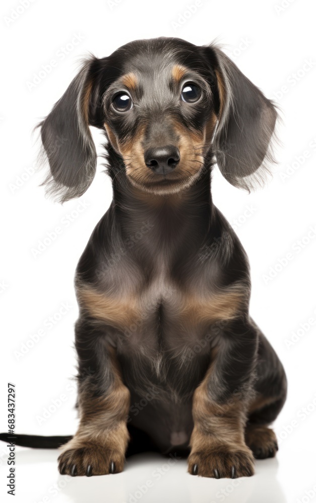 Side view of a Dachshund dog  sitting at the camera in front isolated of white background