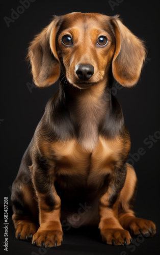 Dachshund dog sitting and looking at the camera in front isolated of black background