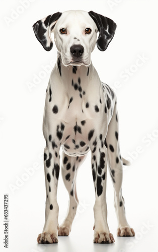 Dalmatian dog standing at the camera in front isolated of white background