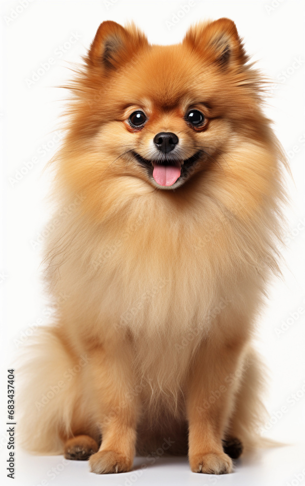 Pomeranian dog sitting and looking at the camera in front isolated of white background