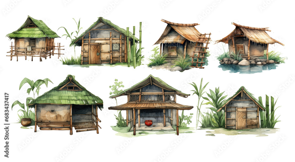 Watercolor bamboo house ornament set. Hand drawn isolated on transparent background.