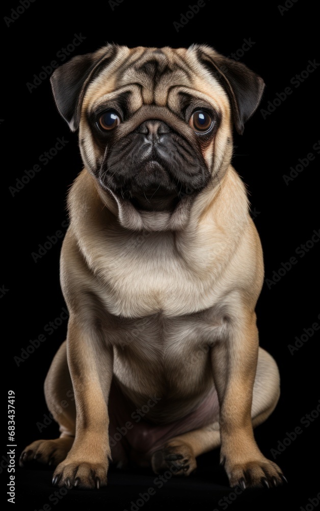 Pug dog sitting and looking at the camera in front isolated of black background