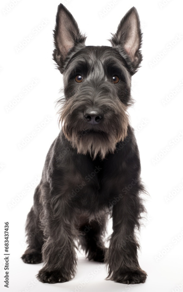 Side view of a Scottish Terrier dog standing and looking at the camera in front isolated of white background