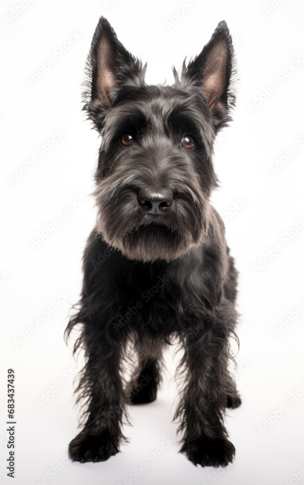 Scottish Terrier dog standing and looking at the camera in front isolated of a white background