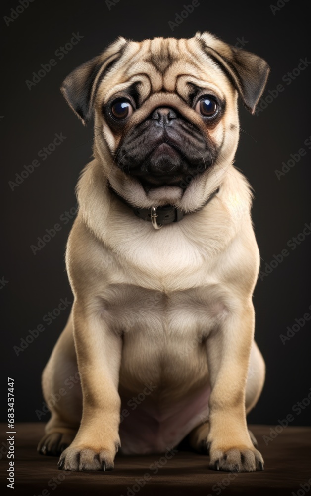 Side view of a Pug dog sitting and looking at the camera in front isolated of black background
