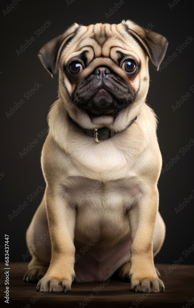 Side view of a Pug dog sitting and looking at the camera in front isolated of black background Side view of a Pug dog sitting and looking at the camera in front isolated of black background