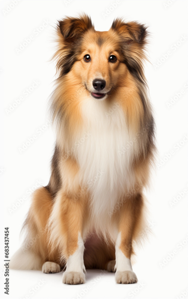 Shetland Sheepdog sitting at the camera in front isolated of white background