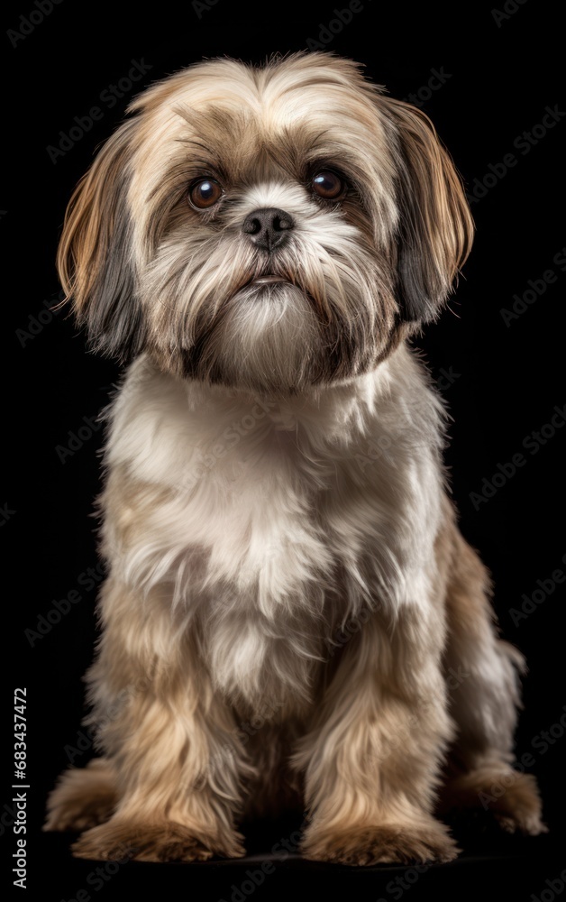 Shih-Tzu dog sitting and looking at the camera in front isolated of black background