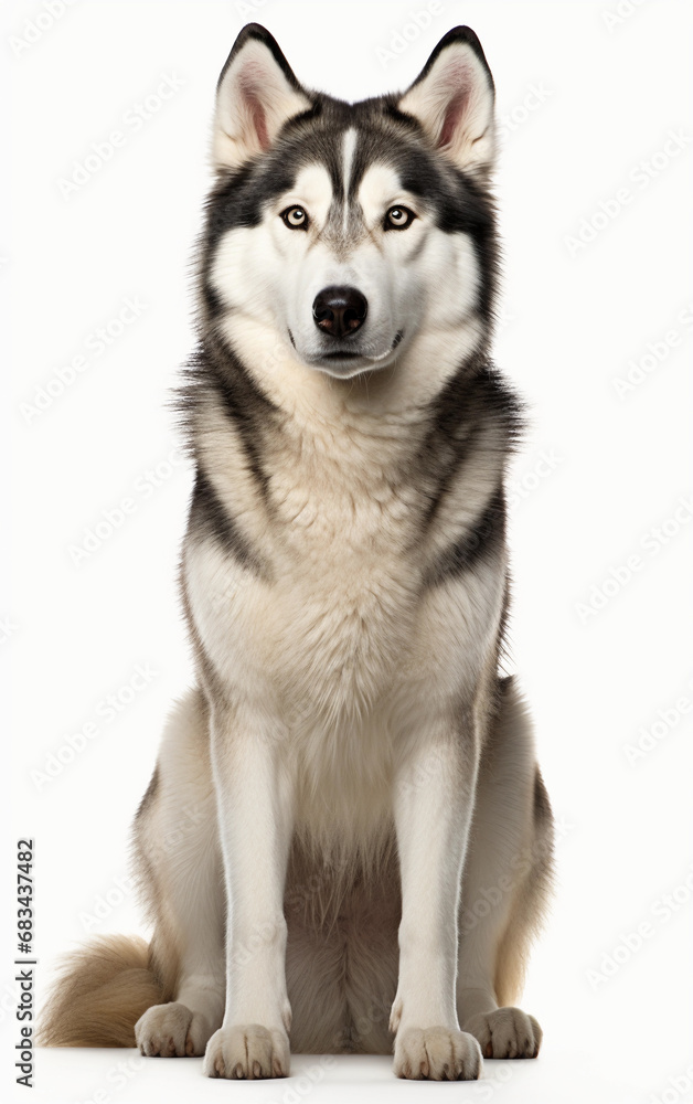 Siberian Husky dog sitting and looking at the camera in front isolated of white background